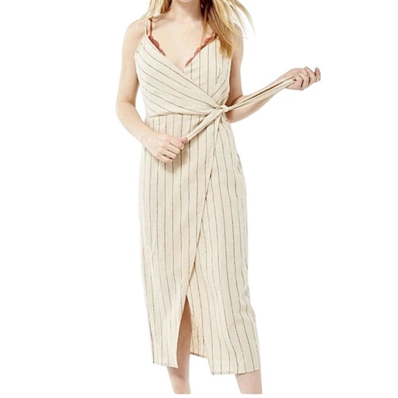 Urban Outfitters Quebec Beige Stripe Linen Blend Side Tie Midi Wrap Dress Size M - Picture 1 of 14